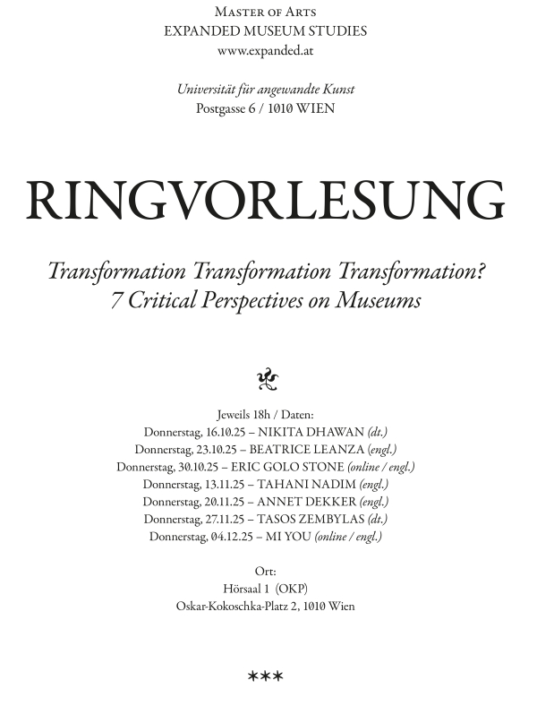 Event poster Lecture Series: Transformation Transformation Transformation? 7 Critical
                                          Perspectives on Museums