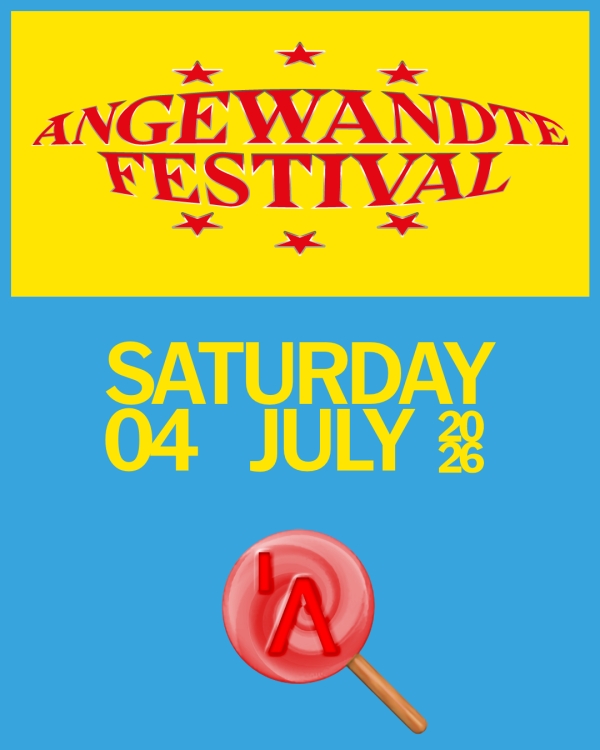 Poster, Text Angewandte Festival 2026, Samstag, 4. Juli 2026.
                                          Ein roter Lolli auf blauem Hintergrund.