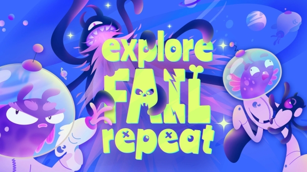 Animierte Figuren vor blauem Hintergrund, Text auf Bild: explore, fail, repeat