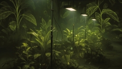 Viele
                                          Pflanzen stehen beleichtet von industriellen Lampen in einem dunklen Raum