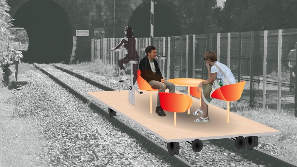 Collage of a mobile platform with chairs and a table on railway tracks, three people
                                          in conversation and motion, set against a black-and-white landscape.