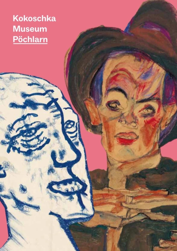 Plakat in Rosa mit einer Collage von Zeichnungen von Egon Schiele
                                          und Oskar Kokoschka 