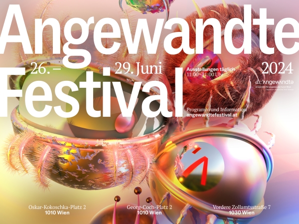 Das Bild zeigt bunte Objekte und abstrakte Augen mit stachelartigen Wimpern, die in unterschiedliche Richtungen
                                          schauen. Text: Angewandte Festival 2024, Universität für angewandte Kunst Wien, Oskar-Kokoschka-Platz 2, 1010 Wien, 26.6.
                                          bis 29.6.2024.