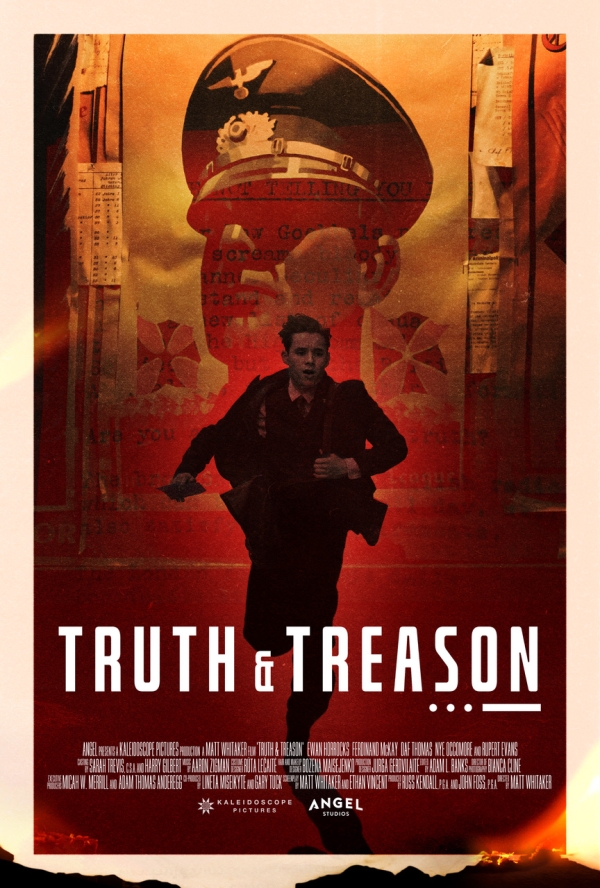 Filmplakat, ein Junge rennt. Im Hintergrund ist ein stilisierter Kopf
                                          eines SS Mannes zu sehen.