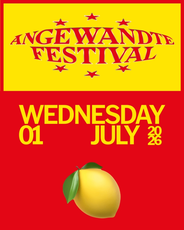 Poster, Text: Angewandte Festival 2026, Mittwoch 1. Juli 2026.
                                          Eine Zitrone auf rotem Hintergrund