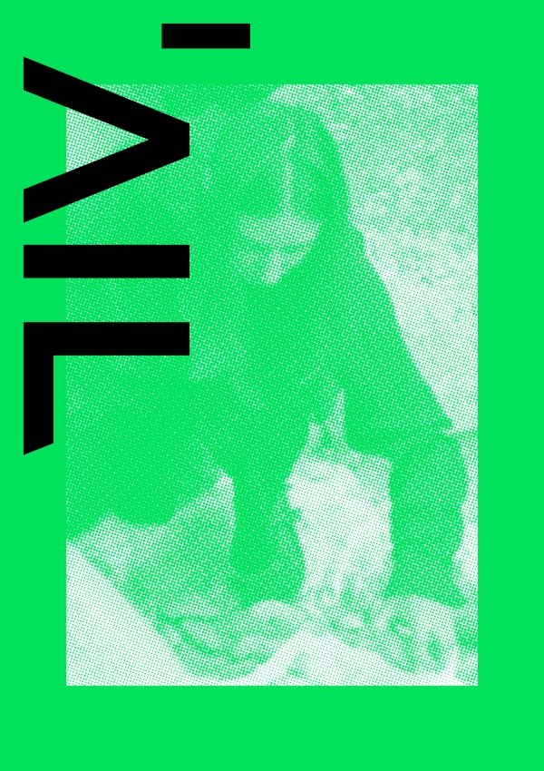 Grünes Poster des AILS, Foto einer am Boden knienden Person