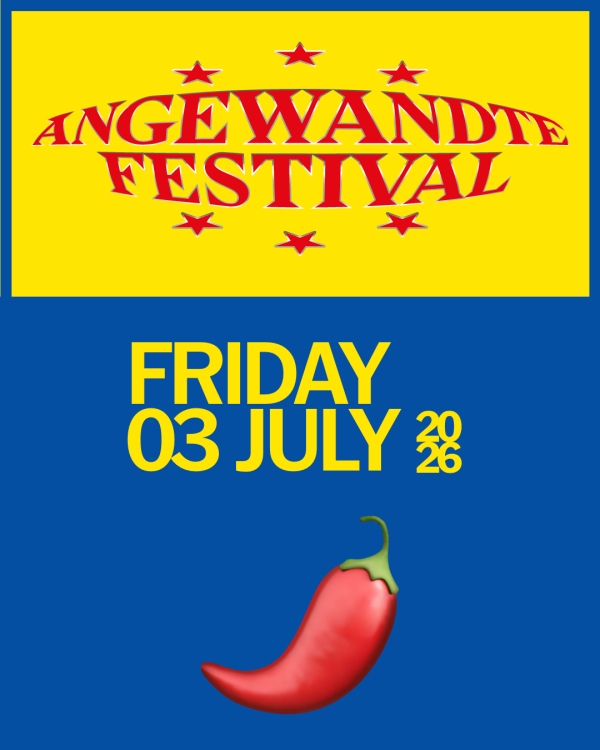 Poster, Text: Angewandte Festival 2026, Freitag, 3. Juli 2026.
                                          Eine rote Chilli auf blauem Hintergrund.